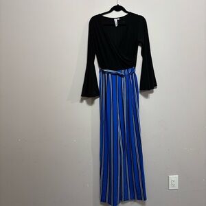 Chic Black Top with Blue Striped Pants Jumpsuit